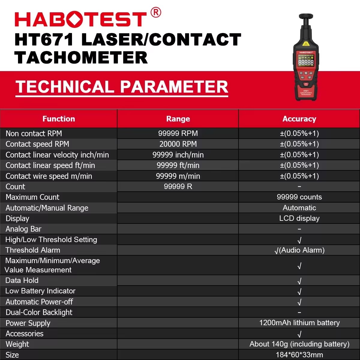 Industrial Laser Tachometer - HABOTEST HT671 2-in-1 digitale toerenteller Contact