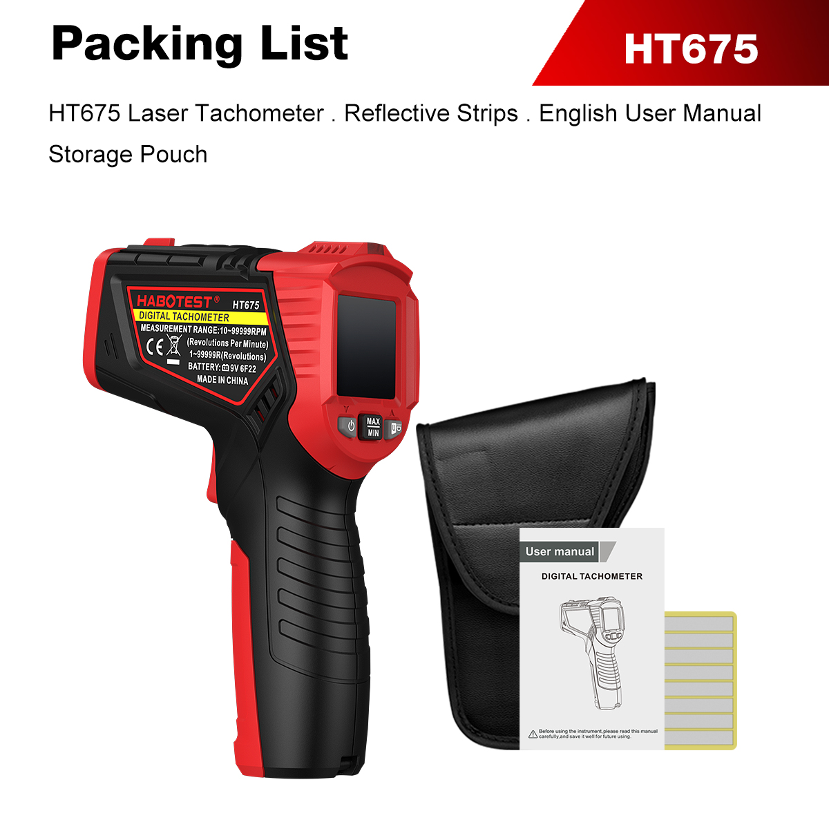 Industrial Laser Tachometer - HABOTEST HT675 Contactloze laser-toerenteller Digitale toerenteller