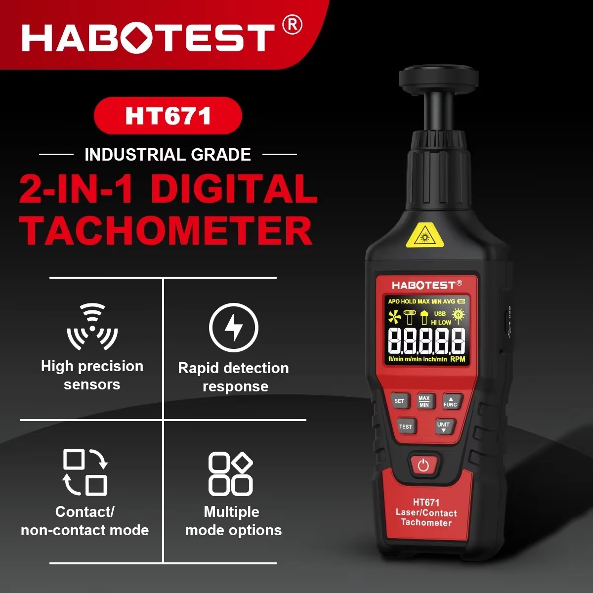 HABOTEST HT671 2-in-1 digitale - Industrial Laser Tachometer recensie en prijs